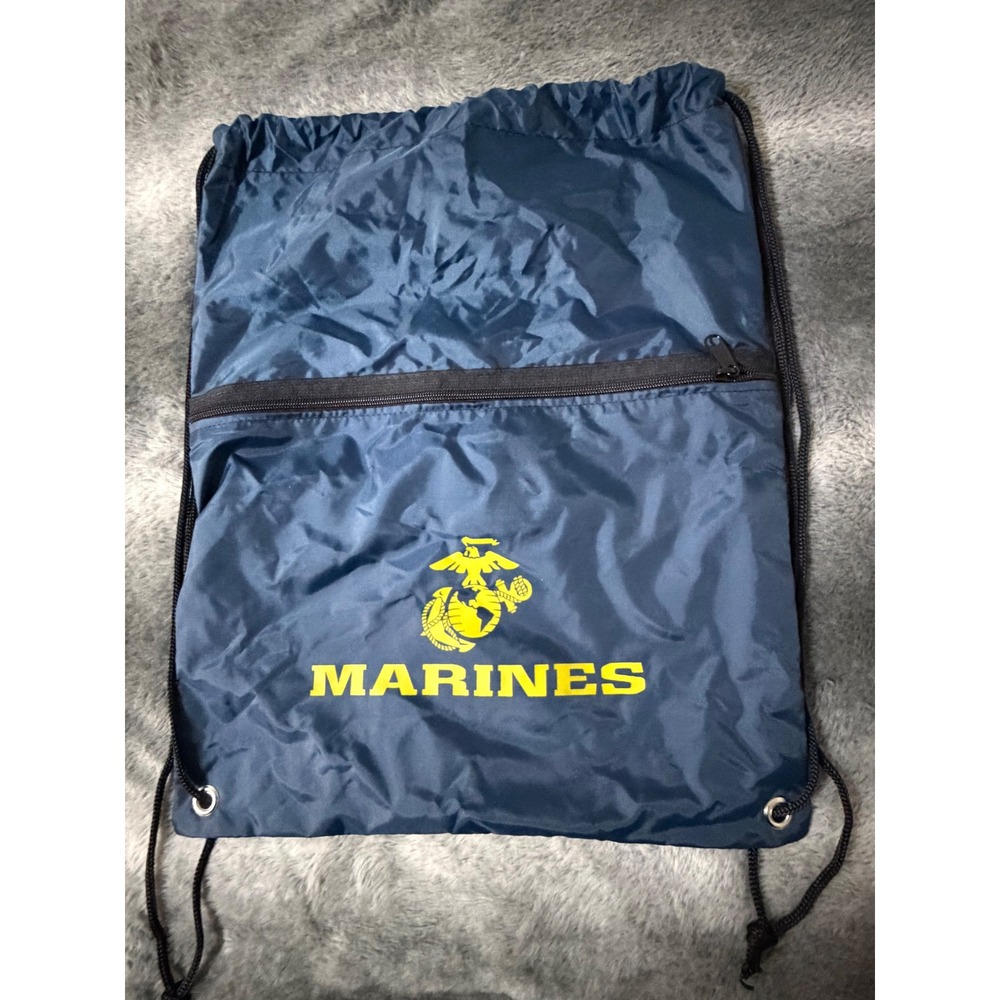 US Marine Corps USMC Drawstring Cinch Backpack Bag Navy Blue Yellow Logo Gym Zip